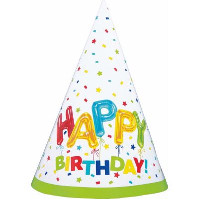  Happy Balloon Birthday Party Hats (pack quantity 8) 