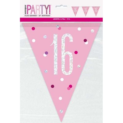 9ft Glitz Pink 16th Birthday Flag Banner