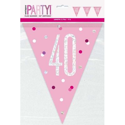 9ft Glitz Pink 40th Birthday Flag Banner