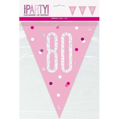 9ft Glitz Pink 80th Birthday Flag Banner