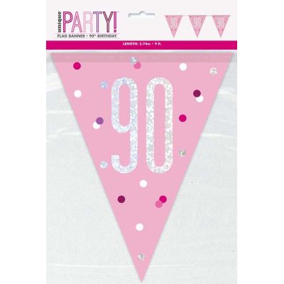 9ft Glitz Pink 90th Birthday Flag Banner