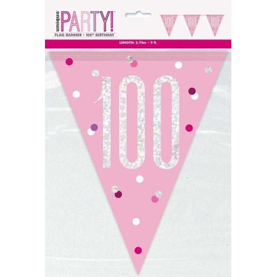 9ft Glitz Pink 100th Birthday Flag Banner