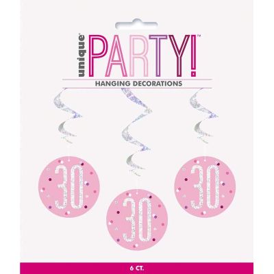  Glitz Pink 30th Birthday Swirls (pack quantity 6) 