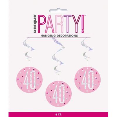  Glitz Pink 40th Birthday Swirls (pack quantity 6) 