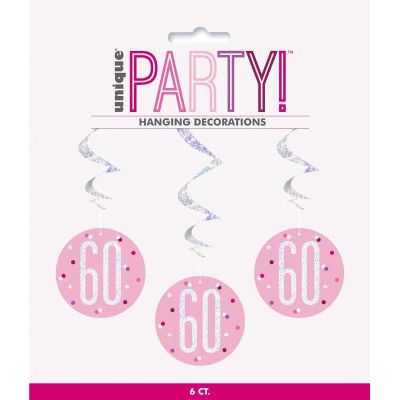  Glitz Pink 60th Birthday Swirls (pack quantity 6) 