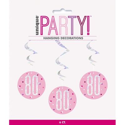  Glitz Pink 80th Birthday Swirls (pack quantity 6) 