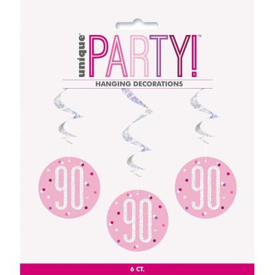  Glitz Pink 90th Birthday Swirls (pack quantity 6) 