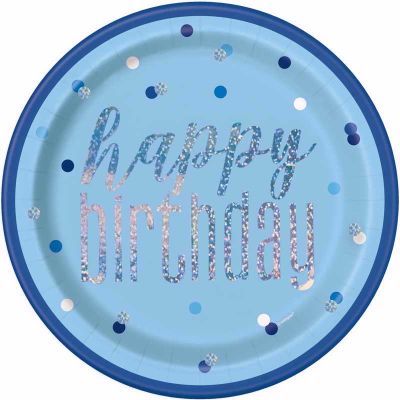  9 Inch Glitz Blue Happy Birthday Plates (pack quantity 8) 