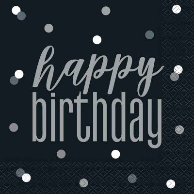  Glitz Black Happy Birthday 33cm Napkins (pack quantity 16) 