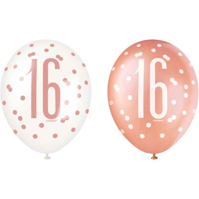 12 Inch Glitz Rose Gold Number16 Balloons (pack quantity 6) 