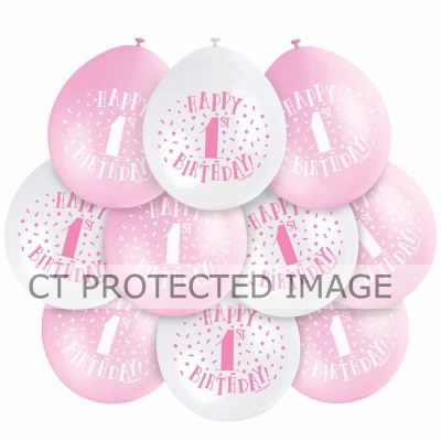  9 Inch Pink Happy 1st Birthday Balloons (pack quantity 10) 