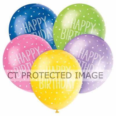  12 Inch Assorted Happy Birthday Balloons (pack quantity 5) 