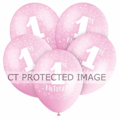  12 Inch Pink 1st Birthday Balloons (pack quantity 5) 