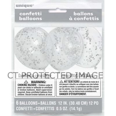  12 Inch Silver Confetti Clear Balloons (pack quantity 6) 
