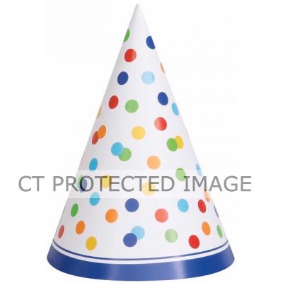  Rainbow Polka Dot Party Hats (pack quantity 8) 