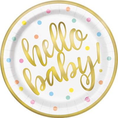 9 Inch Hello Baby Gold Baby Shower Plates (pack quantity 8)