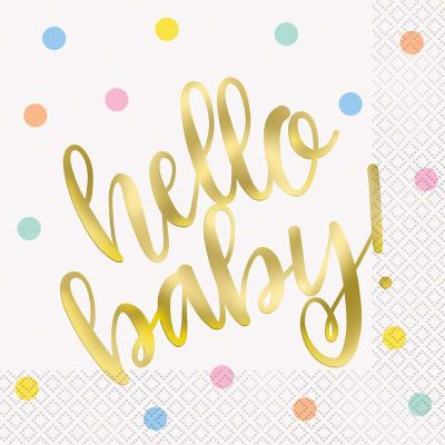 Hello Baby Gold Baby Shower 33cm Napkins (pack quantity 16)
