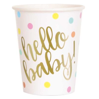 9oz Hello Baby Gold Baby Shower Cups (pack quantity 8)