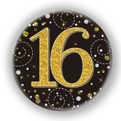 3 Inch 16th Birthday Black & Gold Badge