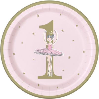 9 Inch Ballerina Pink & Gold 1st Birthday Plates (pack quantity 8)