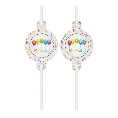 Happy Birthday Streamers Paper Drinking Straws (pack quantity 4)