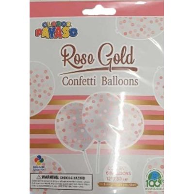 12 Inch Rose Gold Confetti Clear Latex Balloons (pack quantity 6)