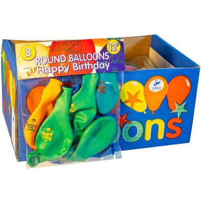 12 Inch Assorted Happy Birthday Balloons 15s (pack quantity 8)